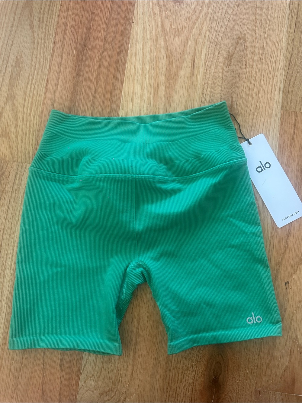 ALO Yoga Ribbed High-Waist Bike Shorts in Bright Green